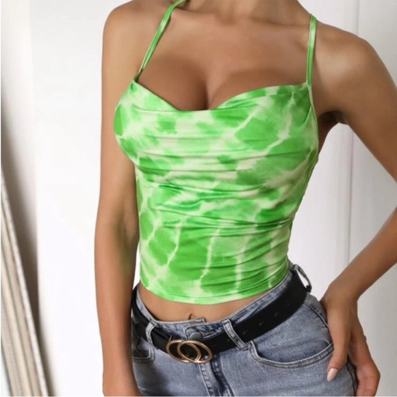 shein lace up back cami green tie dye polyester y2k indie trendy blouse crop xs - Picture 2 of 6